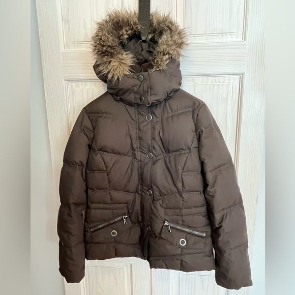 GUC ESPRIT Brown Puffer Coat, Sz L, with removable Faux-Fur Hood - Picture 2 of 9